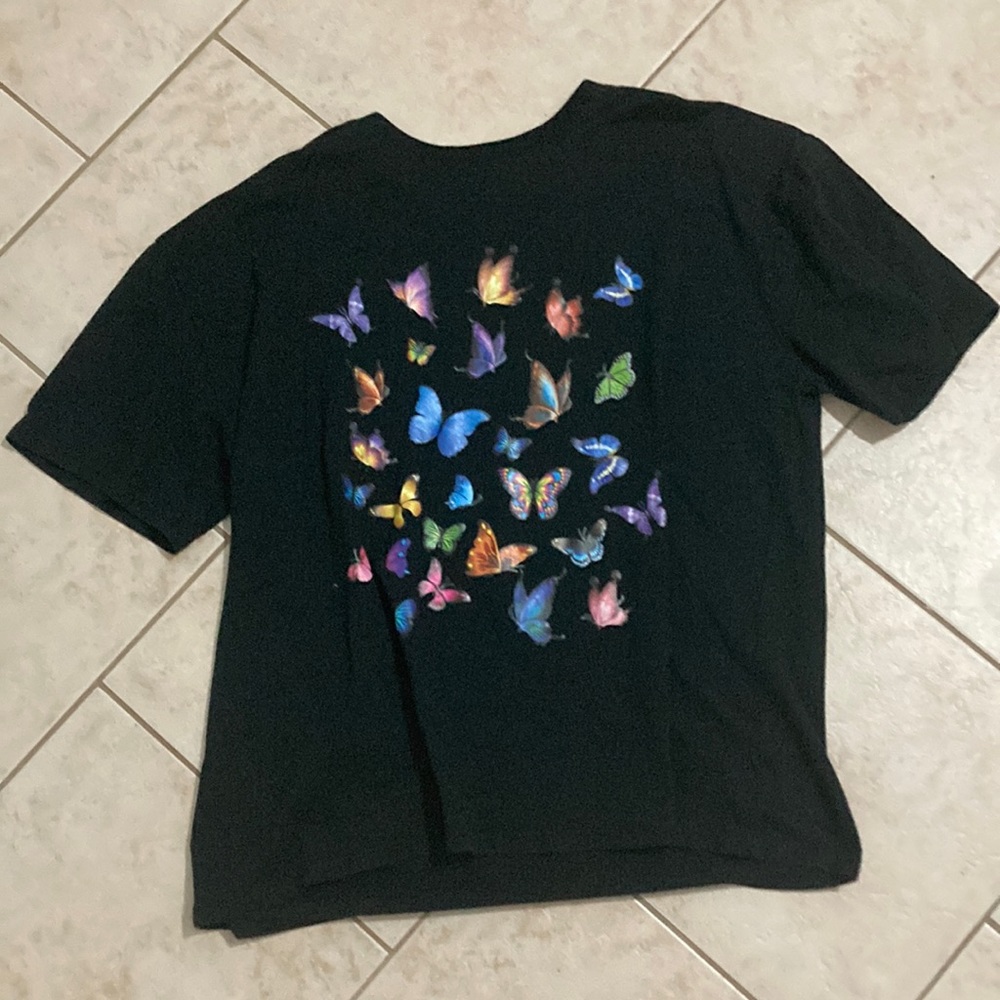 Butterfly pattern, oversized black t shirt. From SHEIN, size S